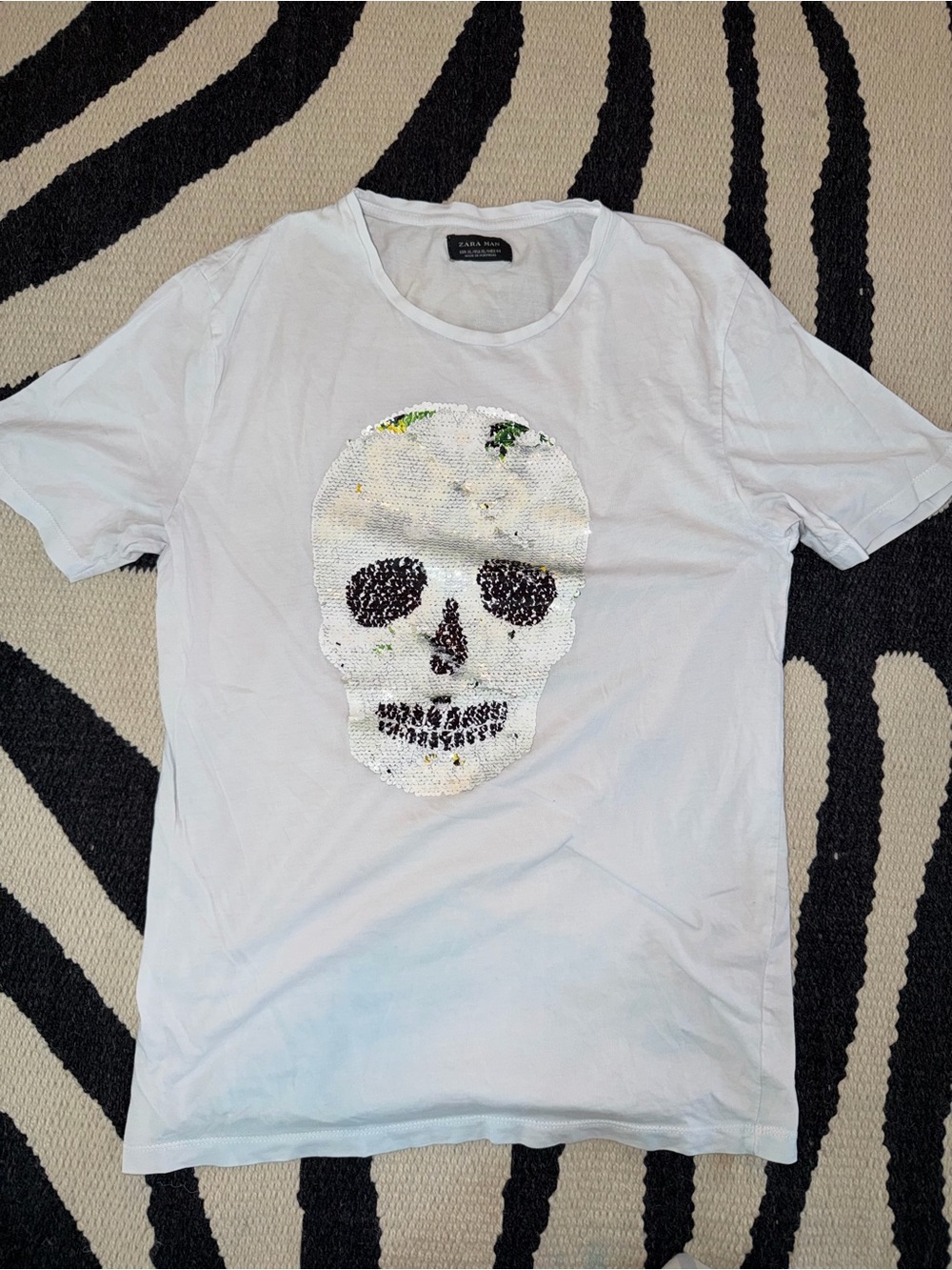 Zara White Short-Sleeve Sequin Skull Tee